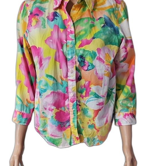 Lauren Ralph Lauren Pink Yellow Graphic Button Down Shirt - Picture 3 of 8